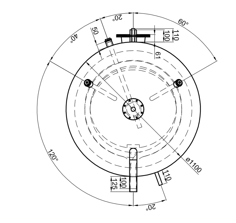 TWL Pufferspeicher mit zwei Anschlussöffnungen, runder Form und mehreren Markierungen für Maße und Anschlussstellen. Diagramm zeigt technisches Design und Struktur.